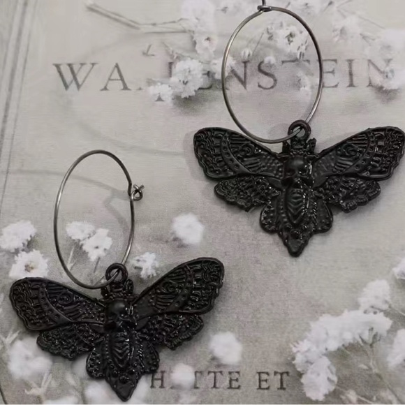 Jewelry - 2/$30🌵 Moth Skull Black Silver Hoop Earrings Gift Gothic Dark Jewelry Gift NEW